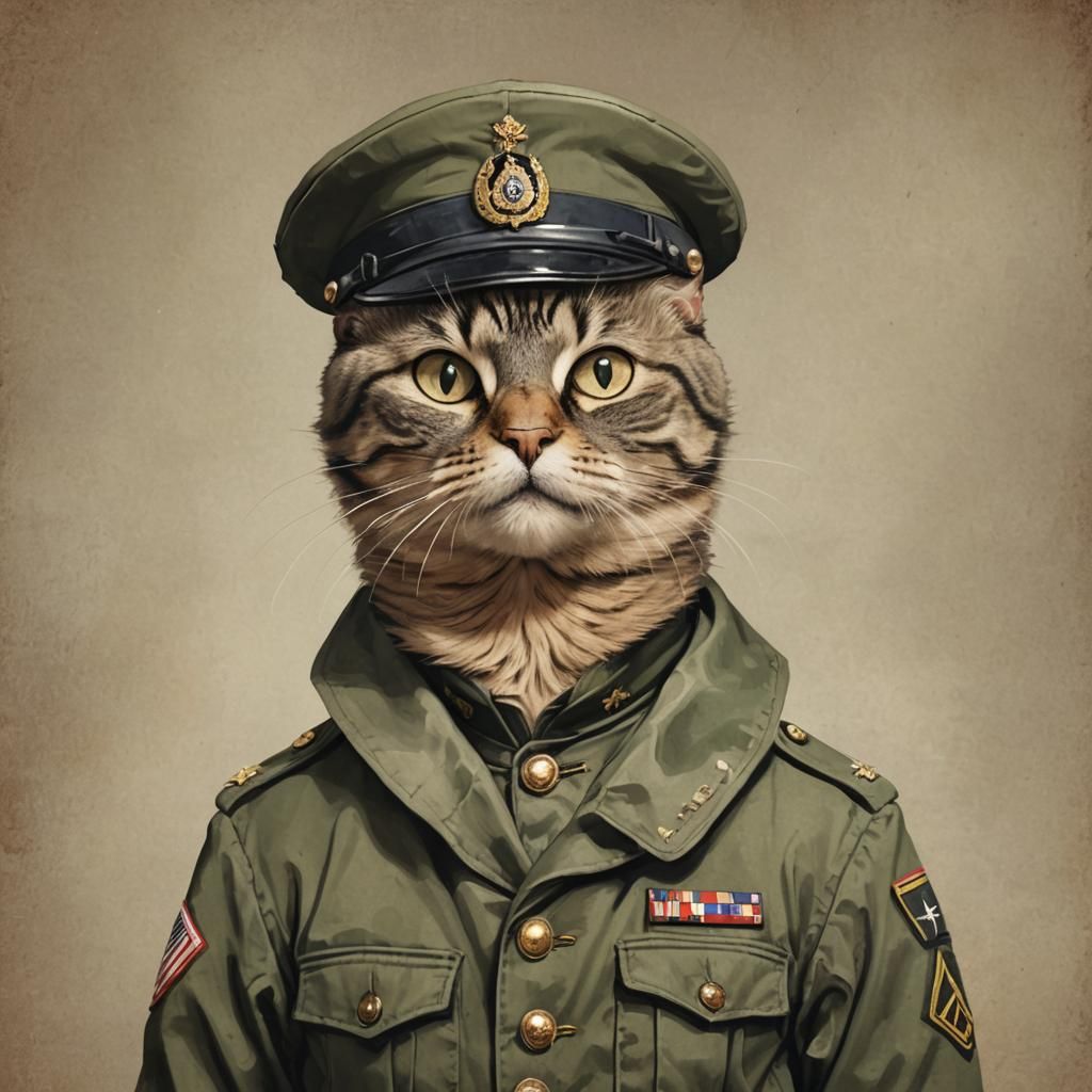 Anthropomorphic Cat in Military Uniform Portrait