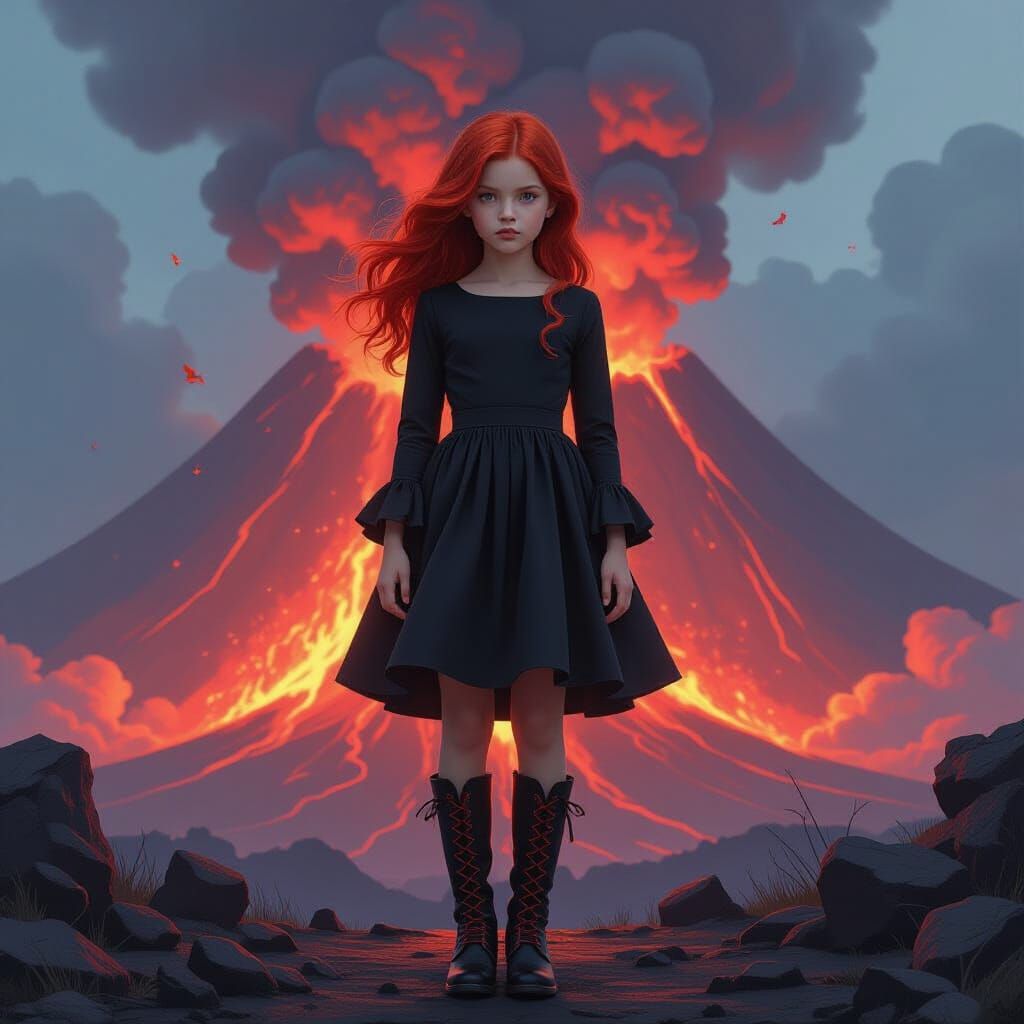 Girl in Black Dress Before Erupting Volcano, Digital Paintin...