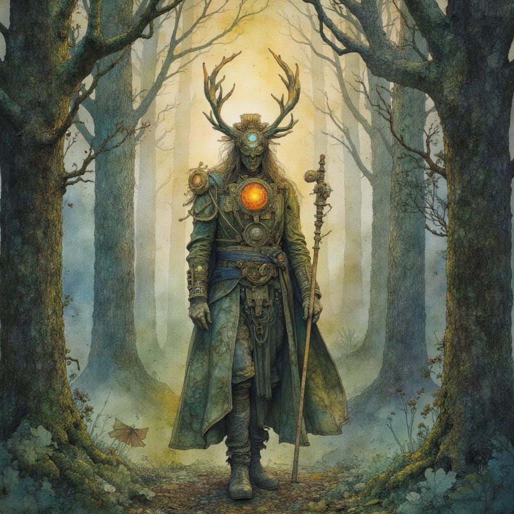 Steampunk Druid Wanders Forest in Alcohol Ink Style