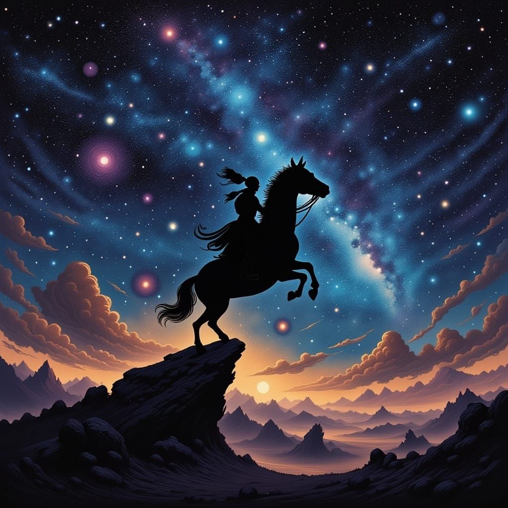 Silhouette on Flying Horse Through Cosmic Galaxy