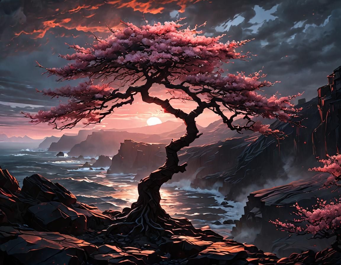 Sakura Tree in Lava Landscape: Luminism Oil Painting
