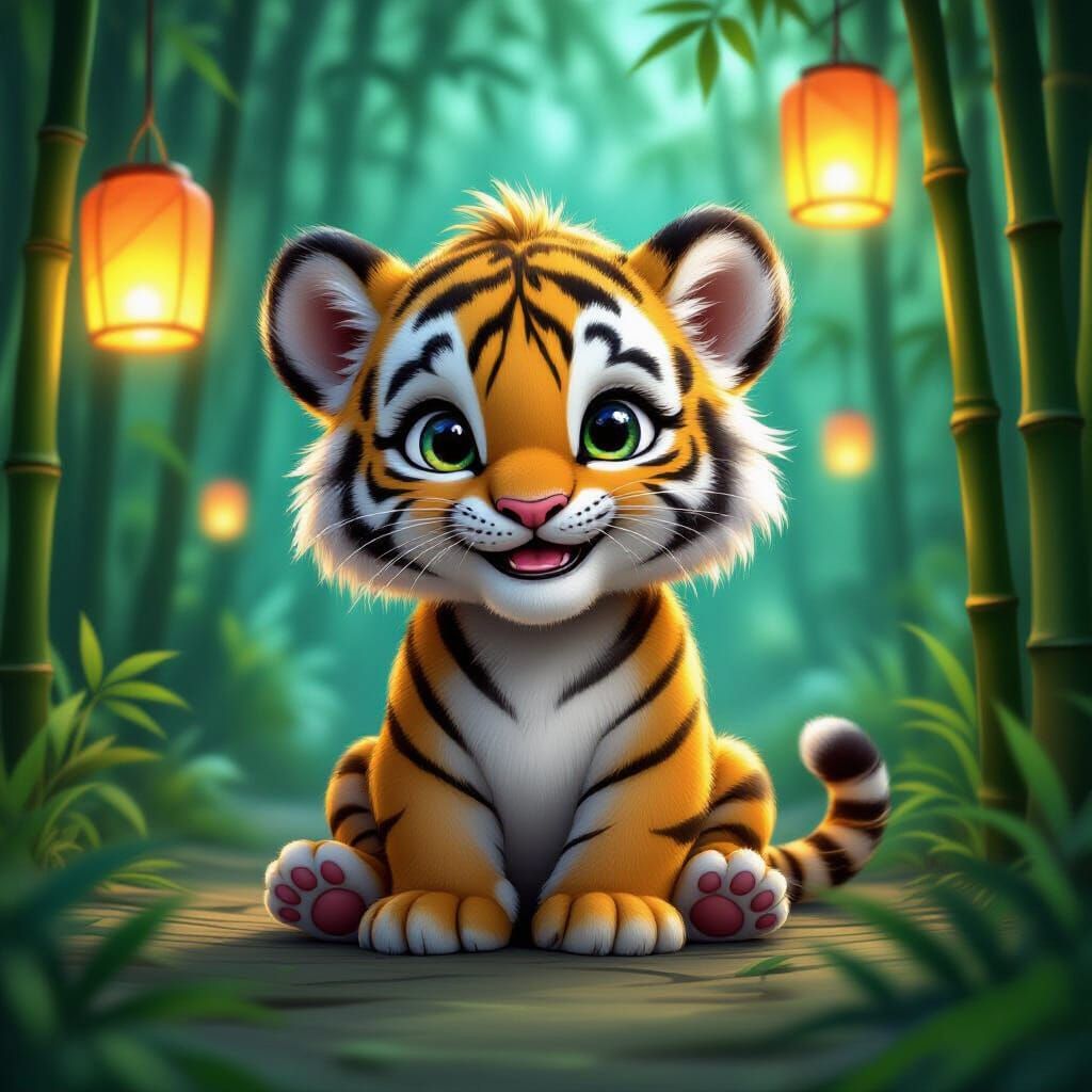 Whimsical Baby Tiger in Enchanting Bamboo Forest