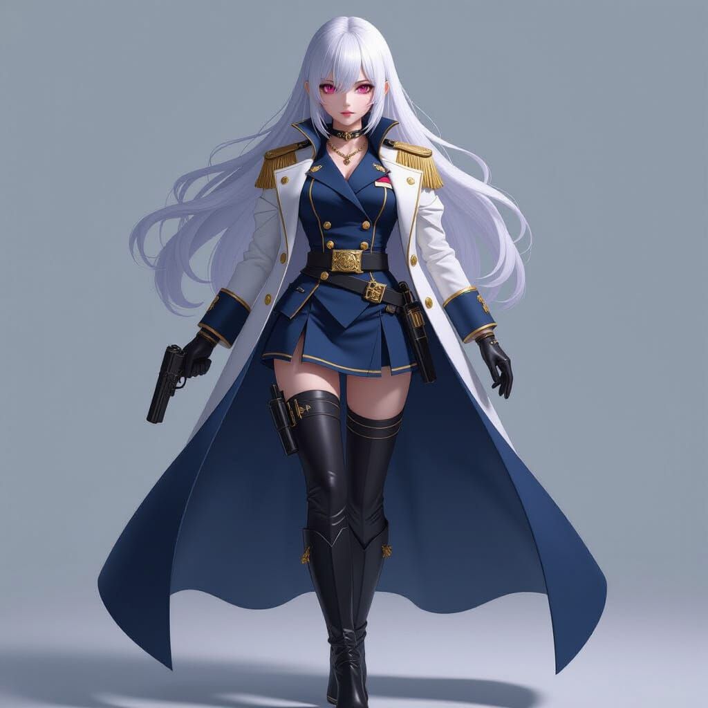 Anime Female Admiral with White Hair and Pink Eyes