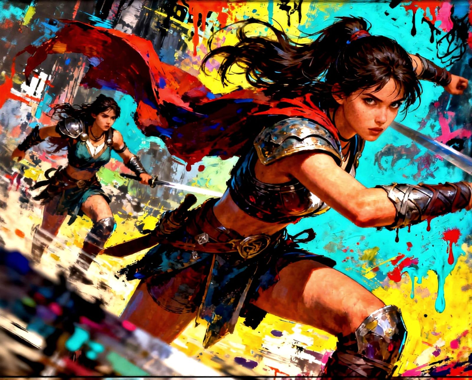 Dynamic Female Warrior Battle in Glitch Art Style