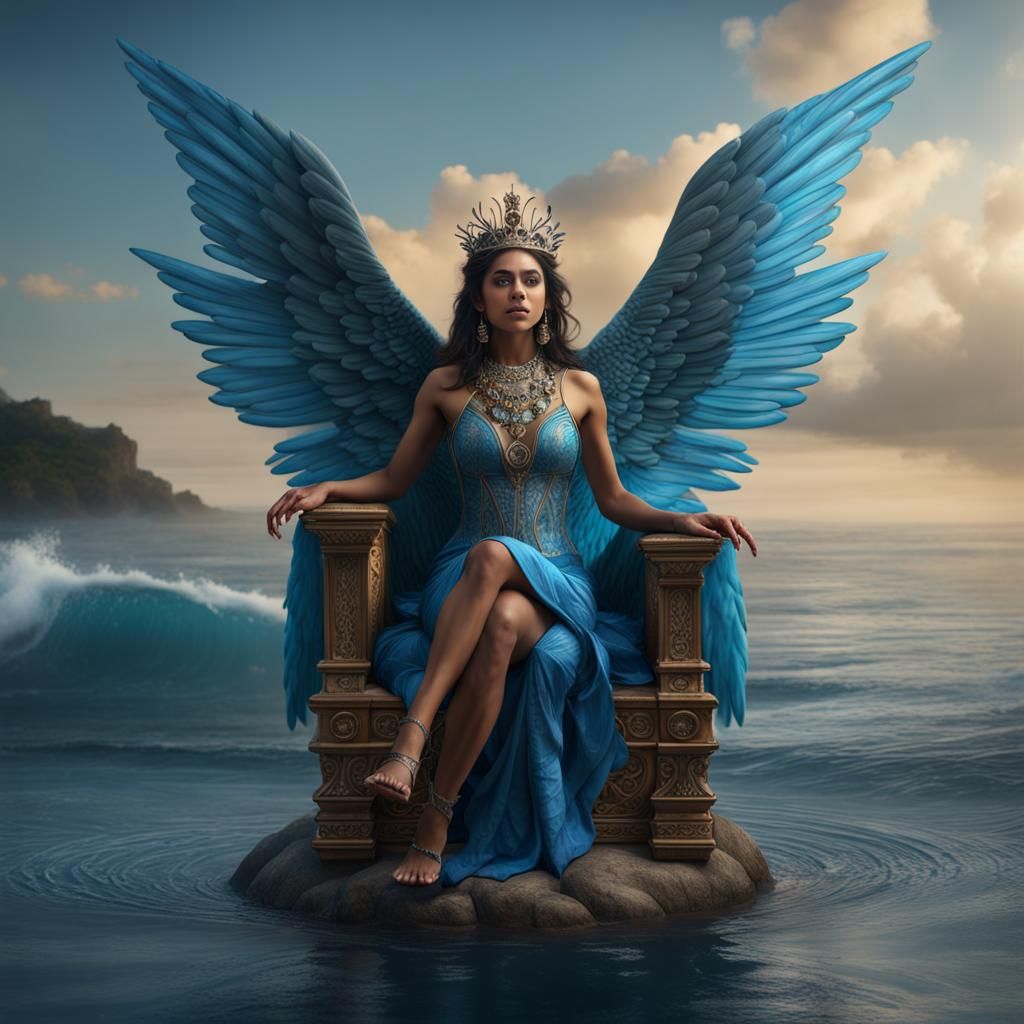 Amerindian Woman with Wings on Fish Throne