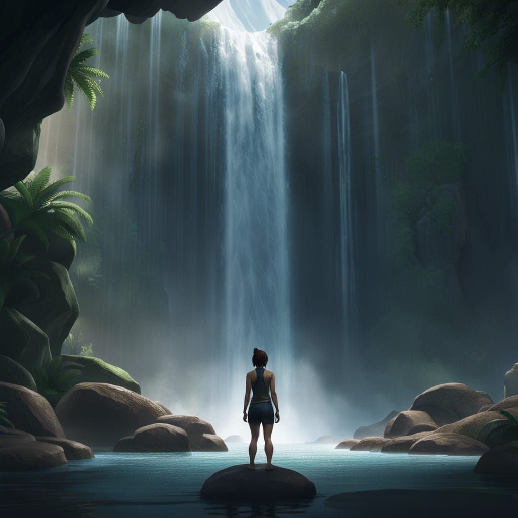 Person Under Waterfall in Detailed Jungle Scene