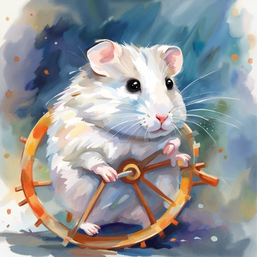 Cute Hamster on Wheel as Gouache Painting