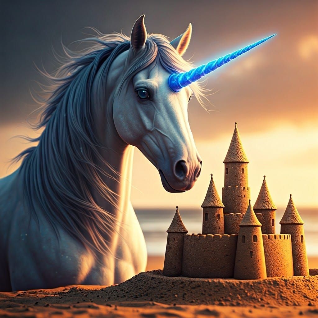 Unicorn and Sandcastle in Dreamlike 3D Realism