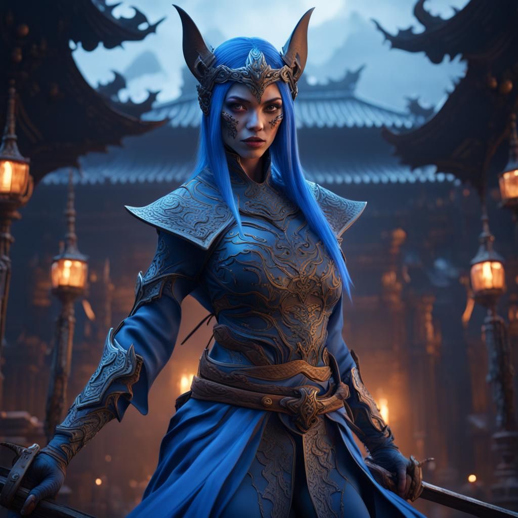 Blue Bat Goddess Ninja: Detailed Fantasy Art