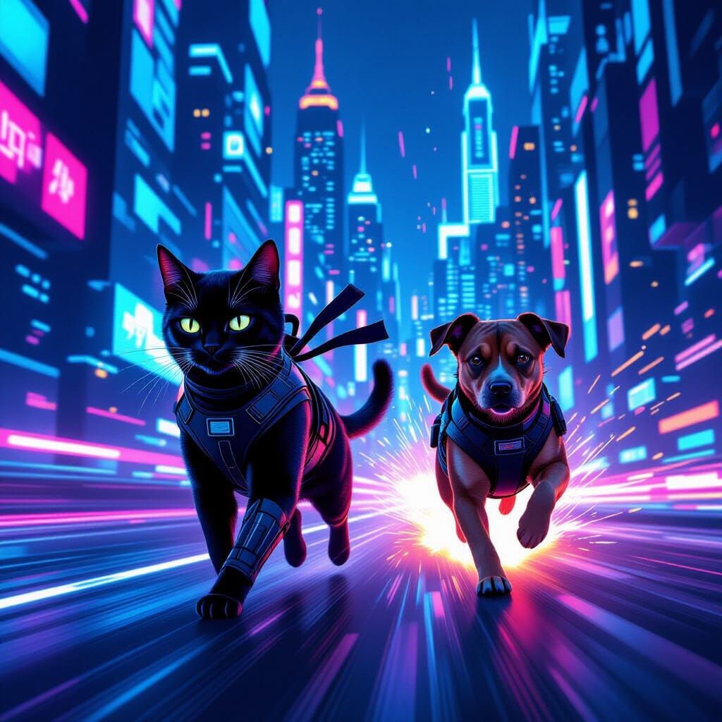 A black cat in ninja gear chasing a dog in a secret agent su...
