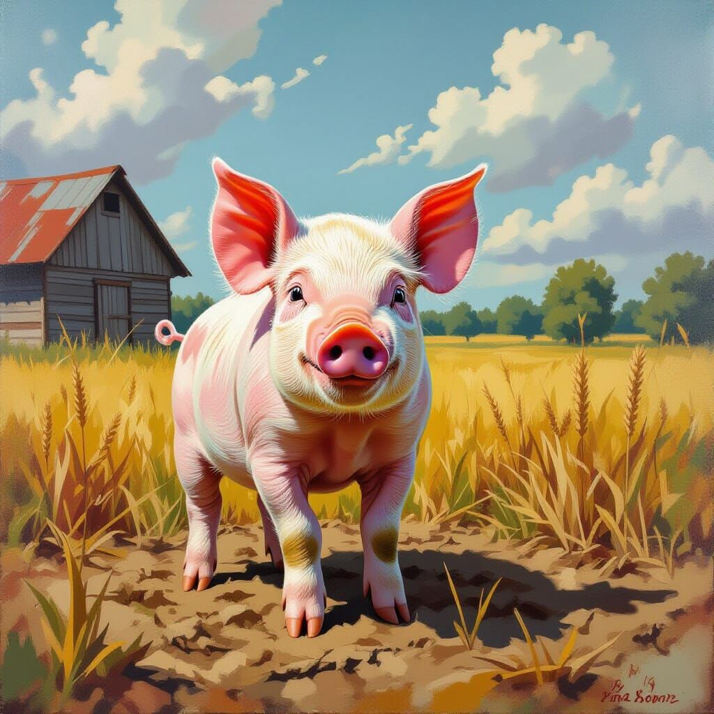 Airbrushed Pig on Farm in Impressionist Style