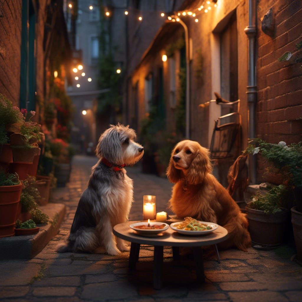Dogs Enjoying Romantic Spaghetti Dinner