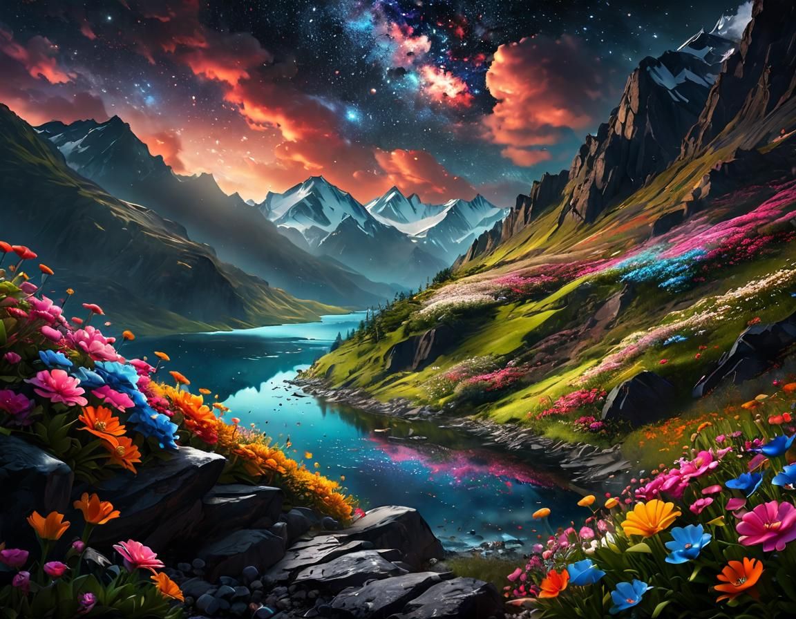 Hyperrealistic Galaxy Flower Landscape Splash Art