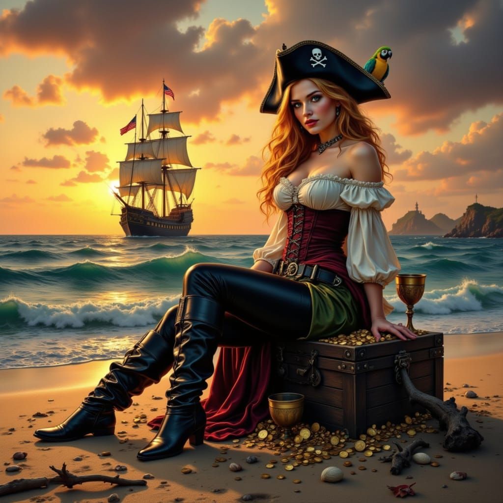 Pirate Queen on Treasure Chest at Sunset