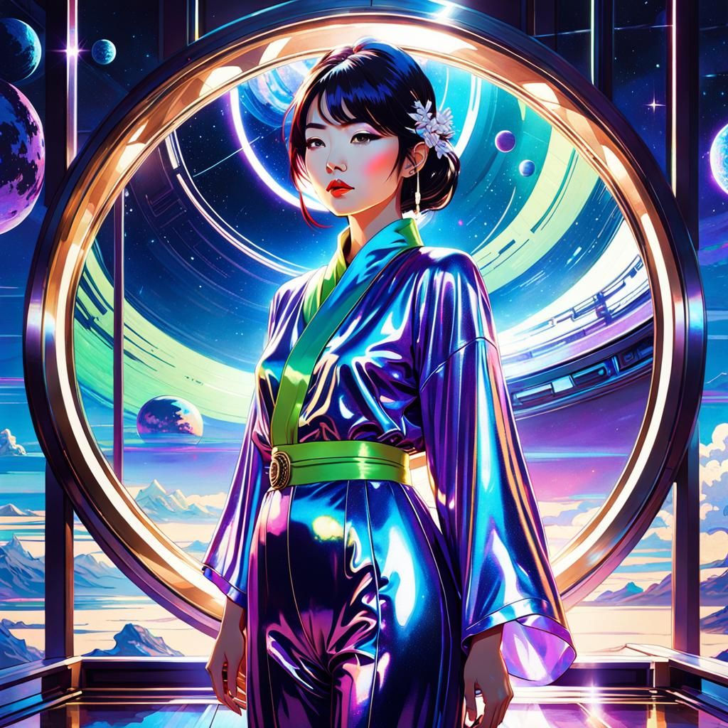 Elegant Japanese Woman Gazing at Galaxy in Art Nouveau Style