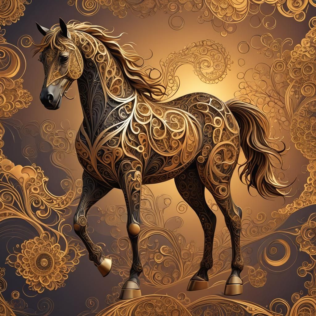Horse at Sunset with Abstract Fractal Patterns