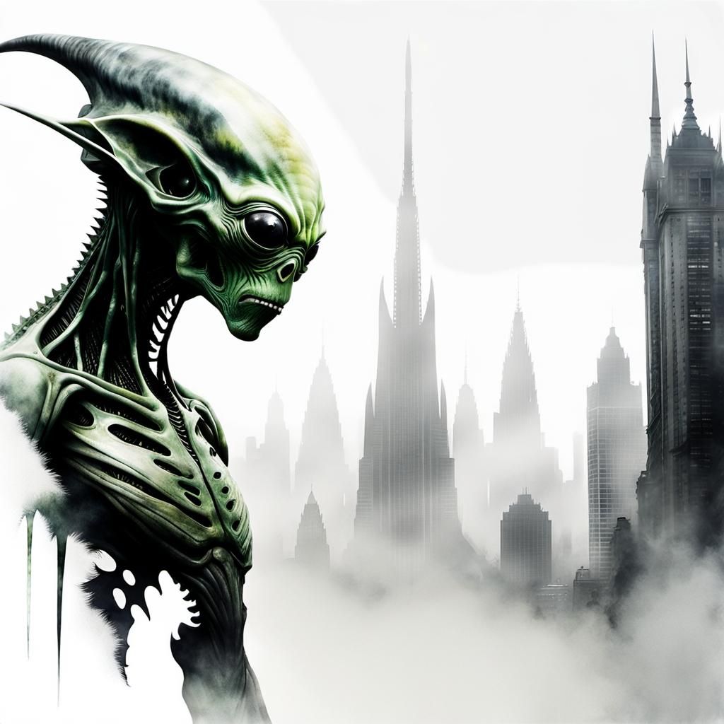 Surreal Alien in Dystopian City: Double Exposure Art