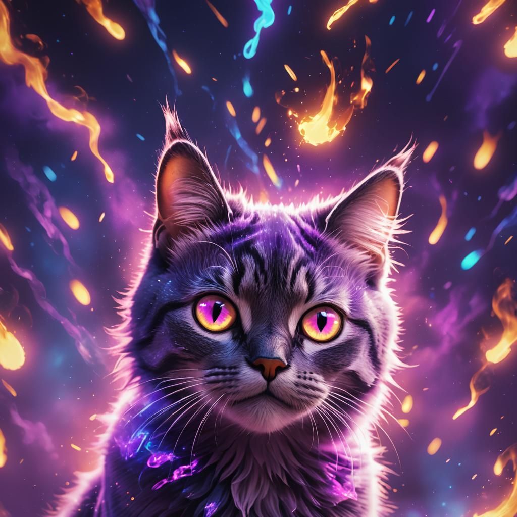 Fiery-Eyed Cat in Purple Neon Aura: Pixar-Style Art