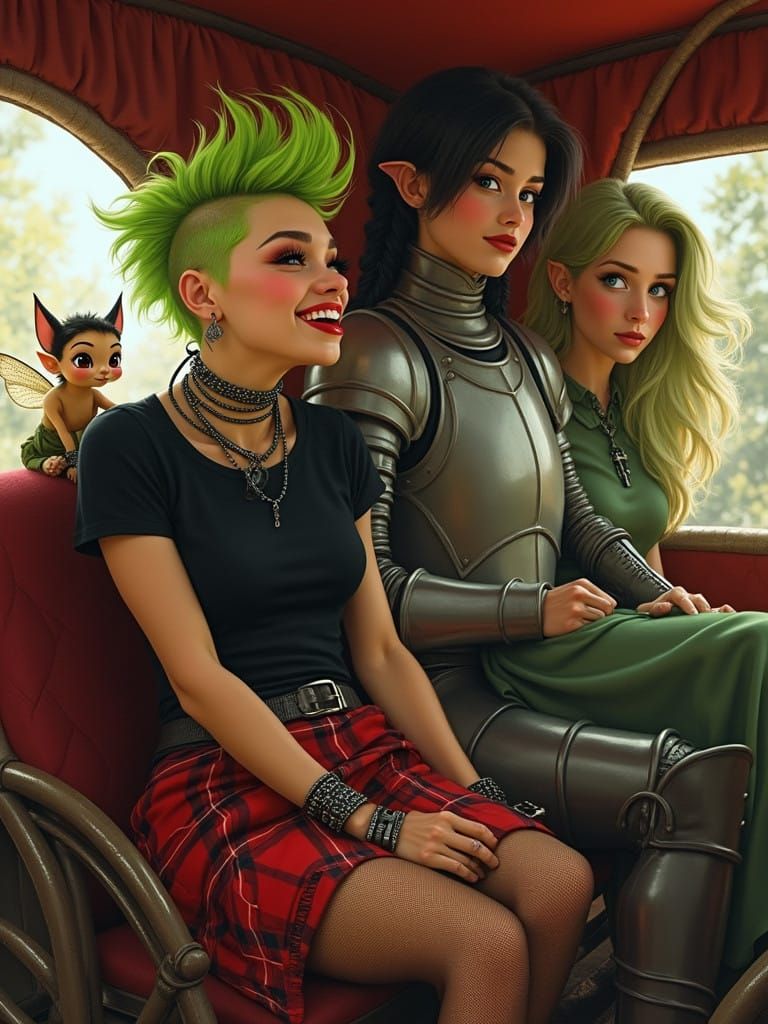 Fantasy Adventurers in Whimsical Horse-Drawn Carriage