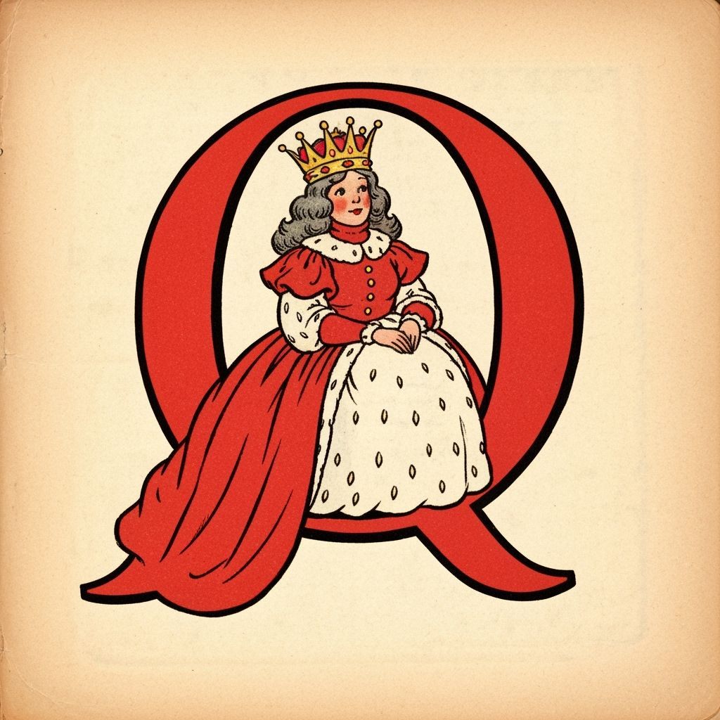 Queen Enthroned in Letter Q: Vintage Illustration