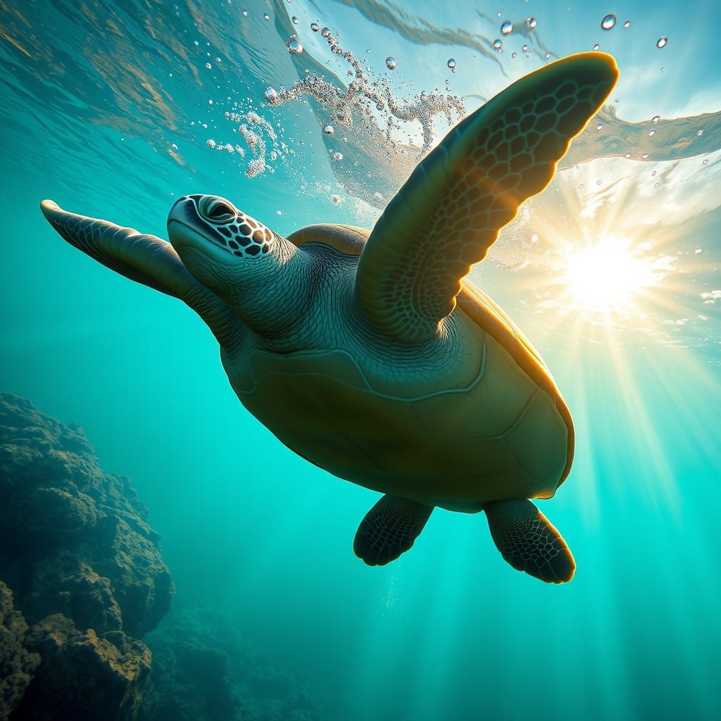 Sea Turtle Ascending in Crystalline Waters