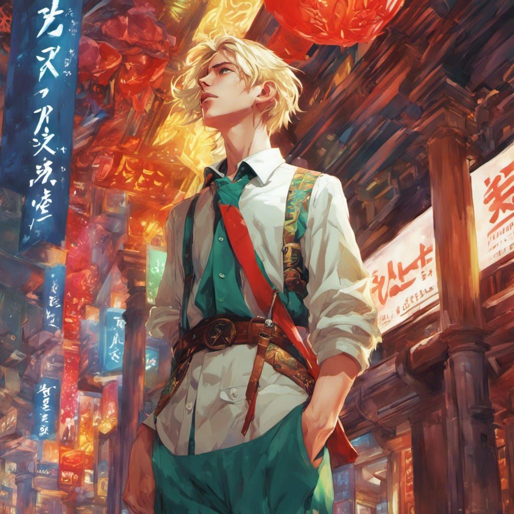 Anime Boy with Blonde Braid Looking Upward