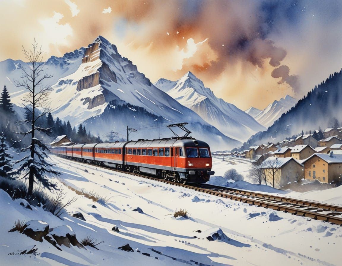 Swiss Winter Train in Watercolour Style
