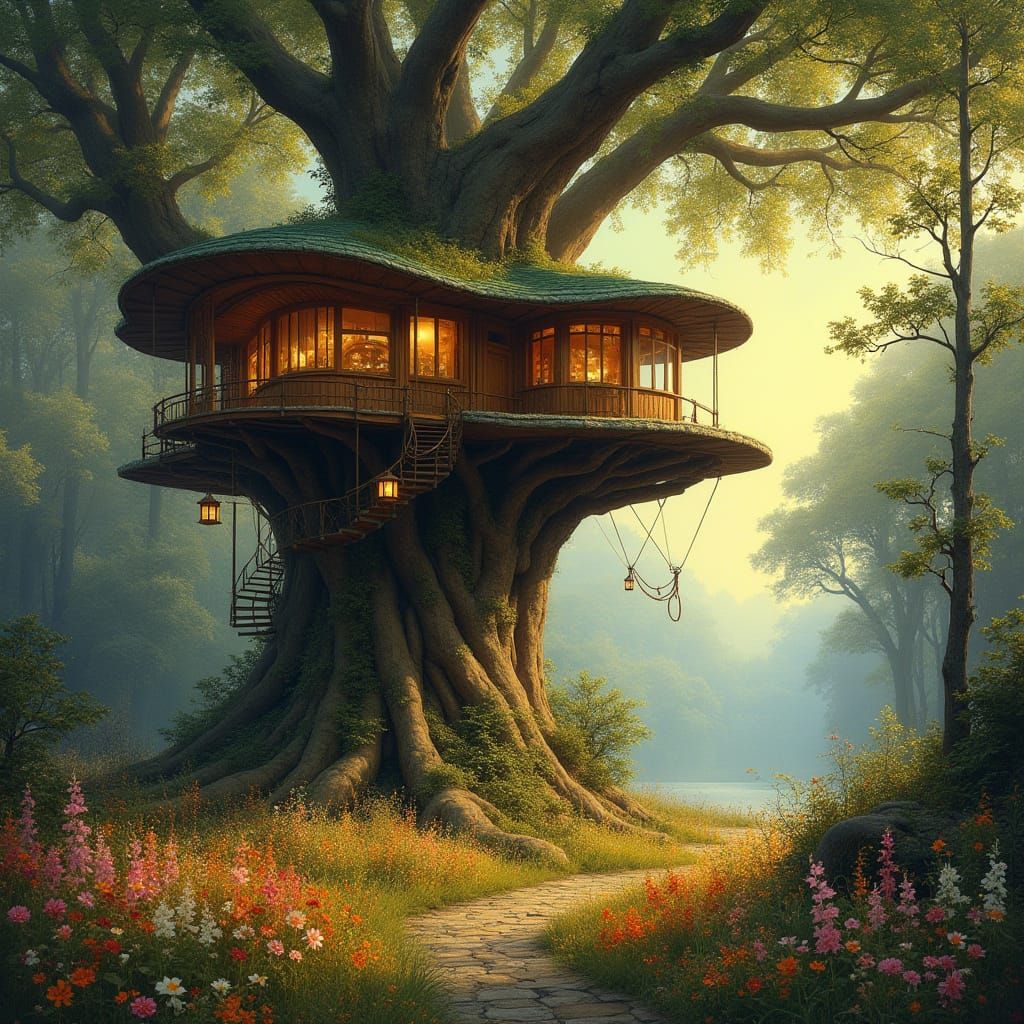 Organic Treehouse Oasis in Sunlit Forest