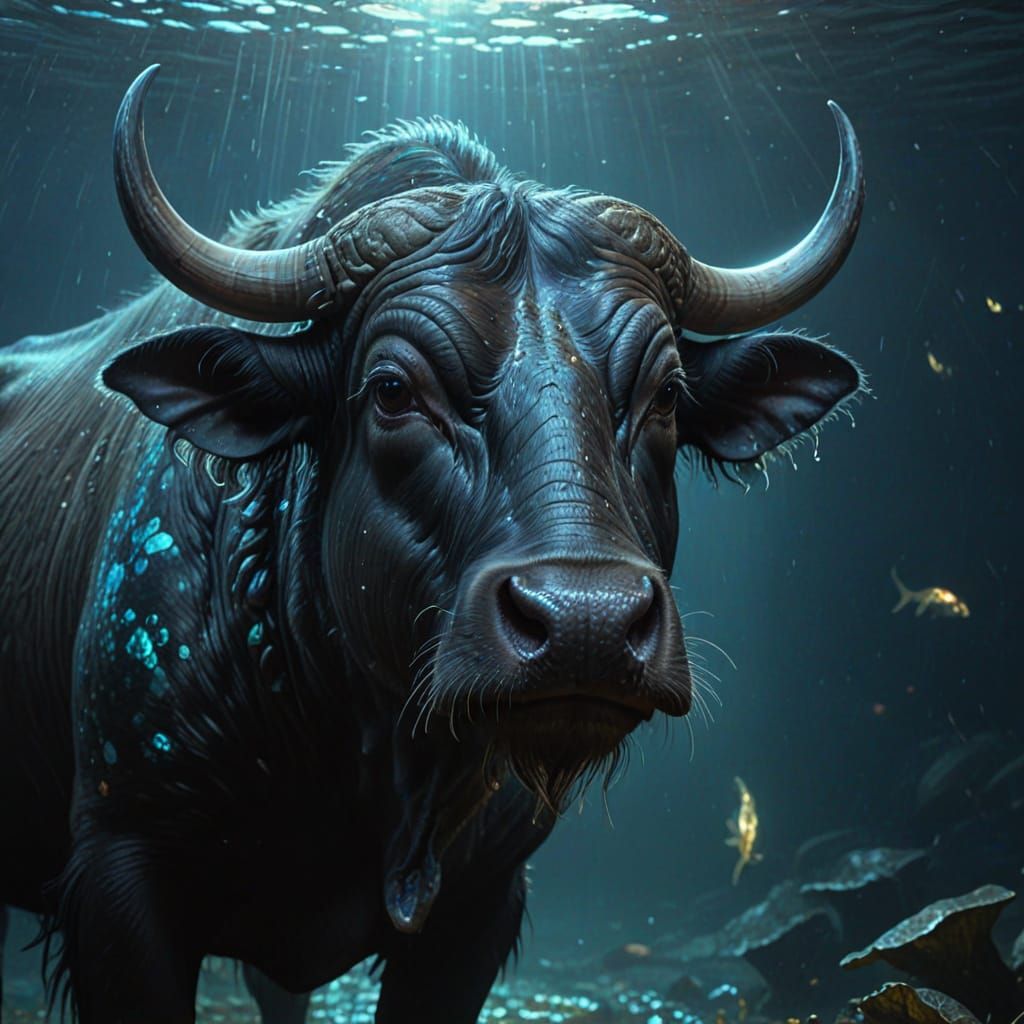 Majestic Water Buffalo with Bioluminescent Markings as Oil P...