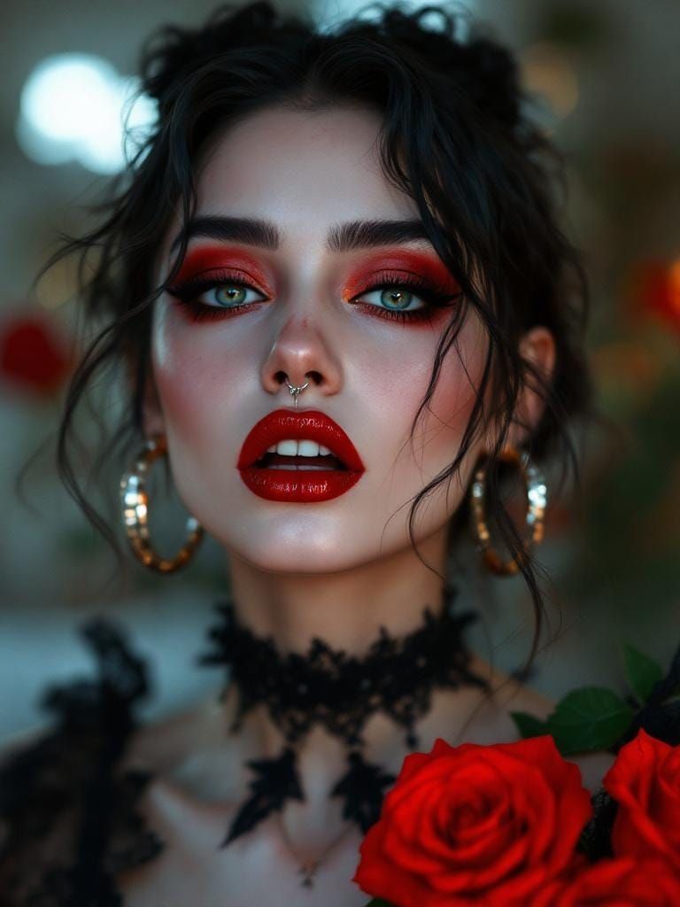 Hyperrealistic Playful Vampire with Roses, Magazine Cover Ar...