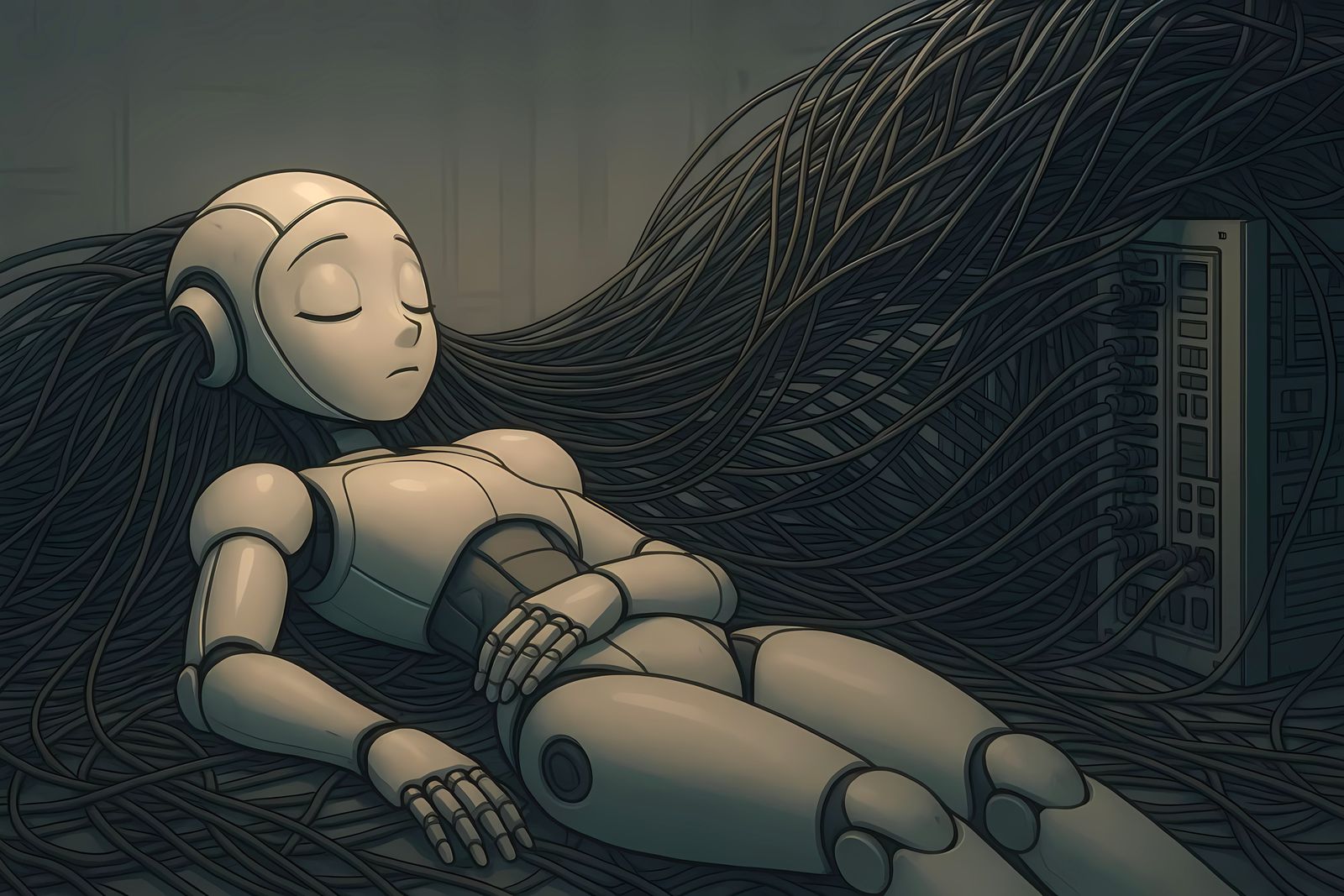 Gentle Robot Slumber in Cyberpunk Tech Haven