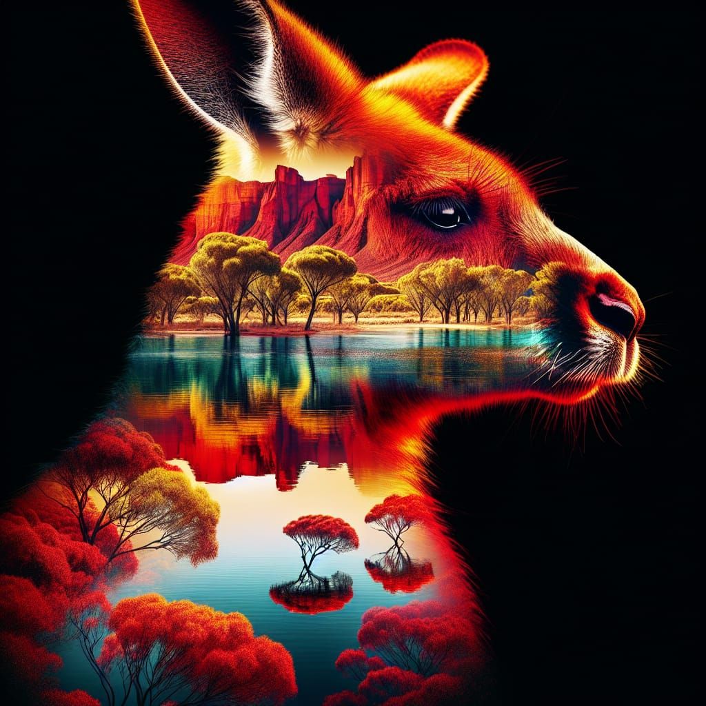 Double Exposure Kangaroo Portrait in Desert Landscape