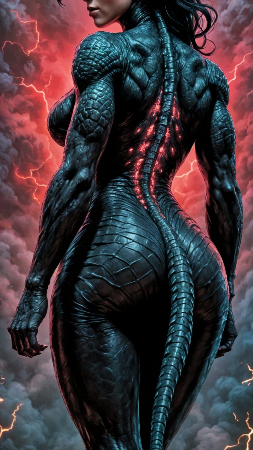 Monstrous Woman with Spinal Ridges and Reptilian Eyes