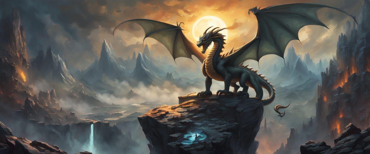 Dragon Standing on Rocky Cliff, Fiery Breath Illuminating La...
