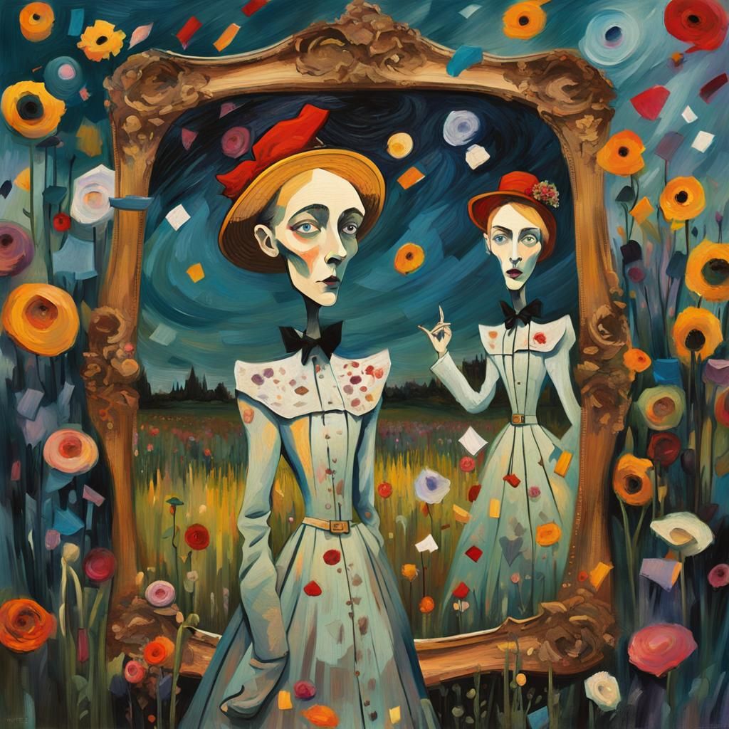 Whimsical Woman in Floral Field, Impasto Style