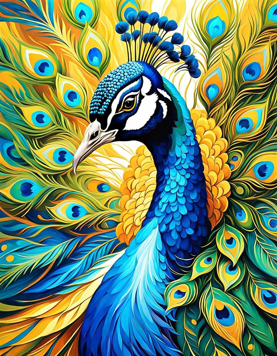 Peacock Spreads Colorful Feathers in Expressionist Garden