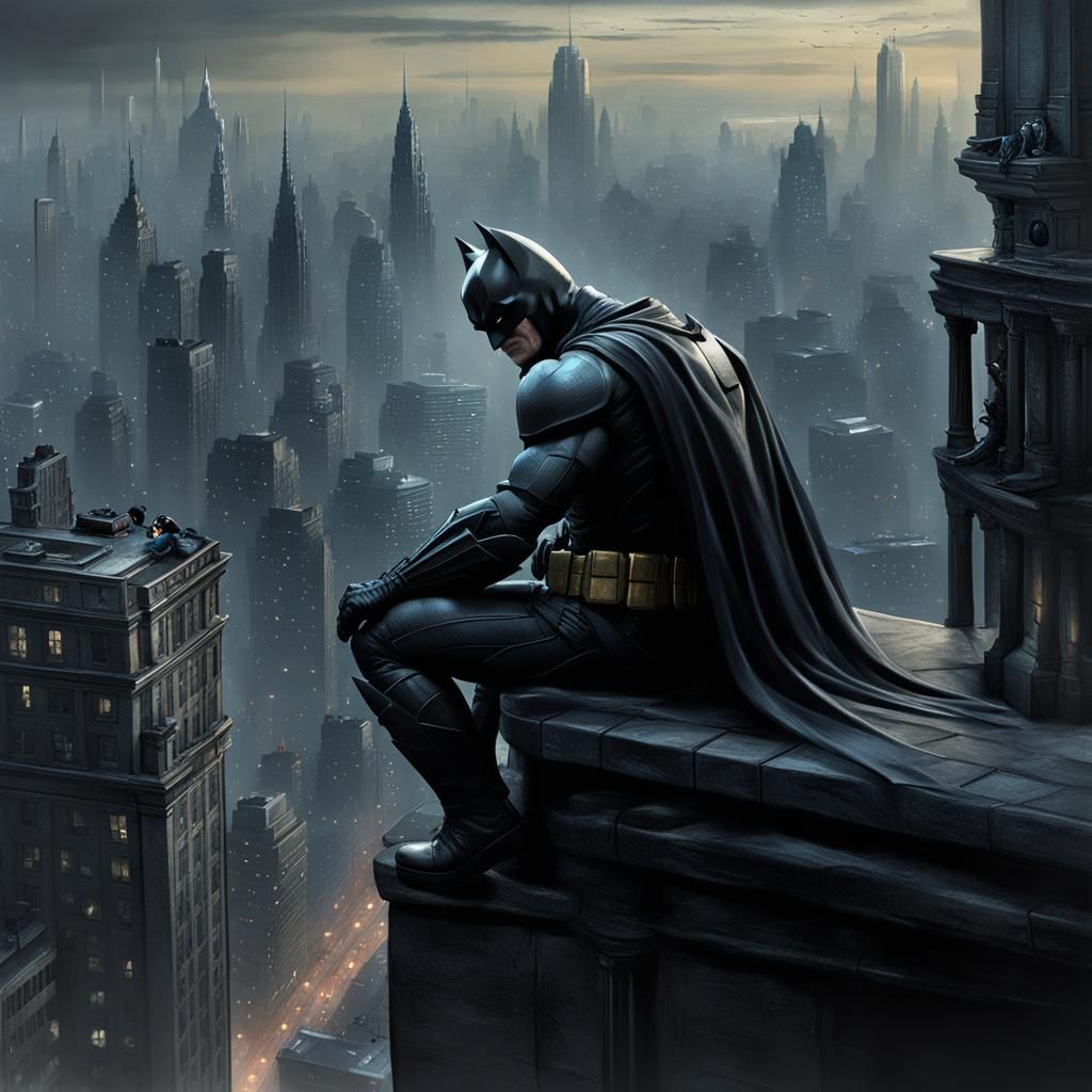 Batman Overlooking Gotham City in Retro Sci-Fi Style