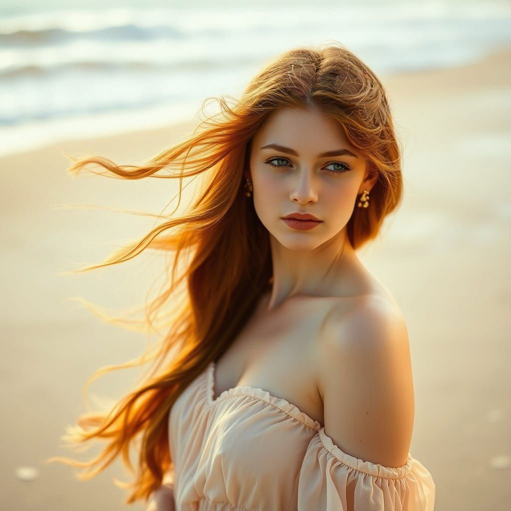 Renaissance Woman with Seashells on Sunlit Beach