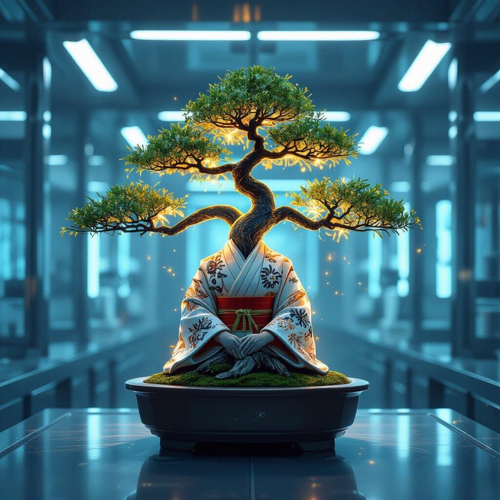 Bioluminescent Bonsai Tree in Futuristic Lab