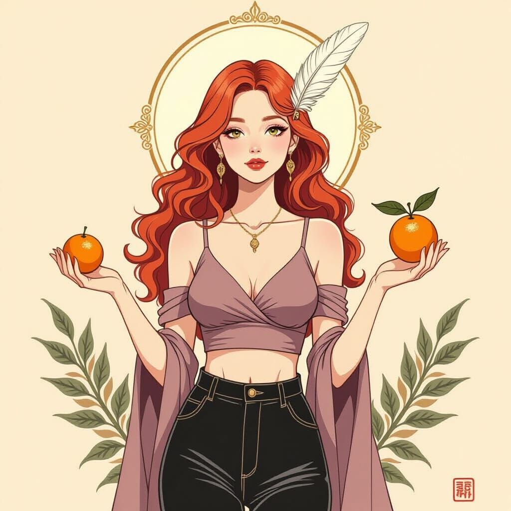 Modern Oracle with Levitating Tangerine, Ink Sketch Style