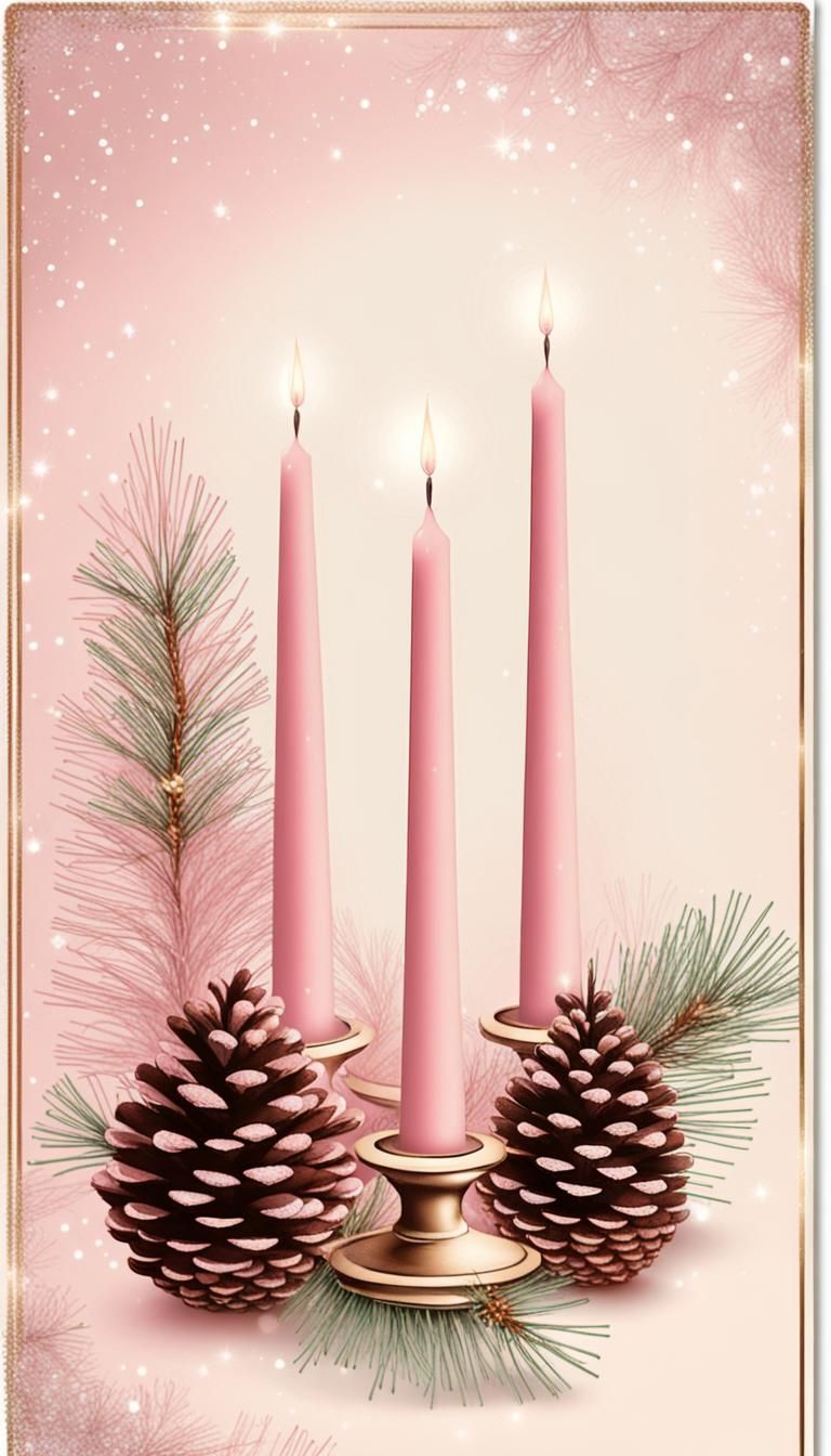 Vintage Christmas Card with Pink Candles and Glitter