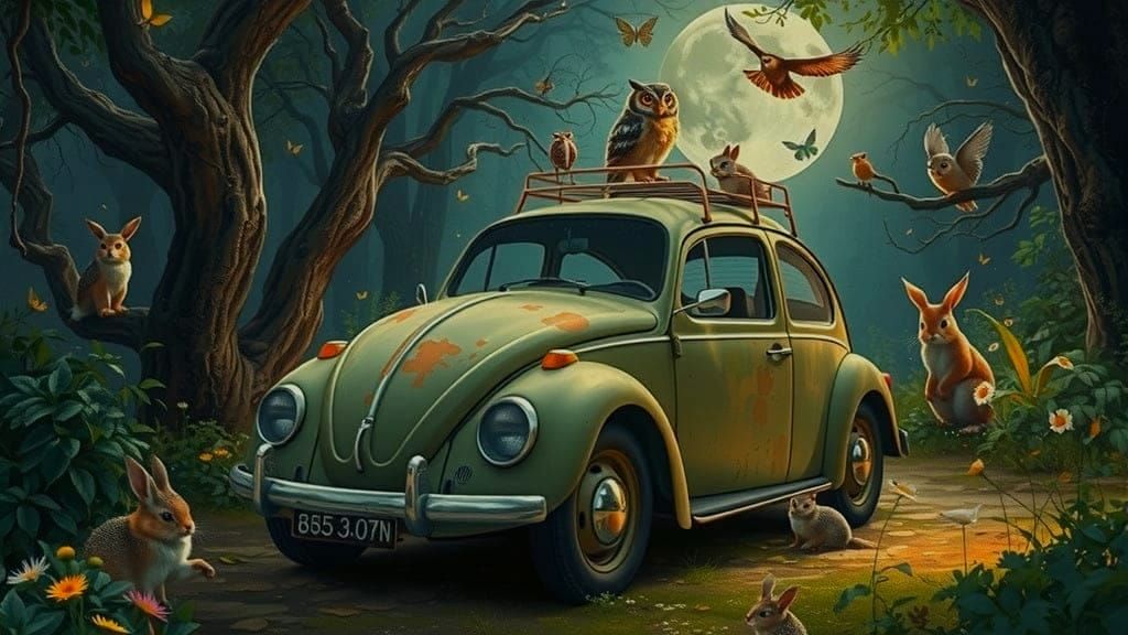 Dreamlike VW Beetle Scene in Dark Forest Enchantment