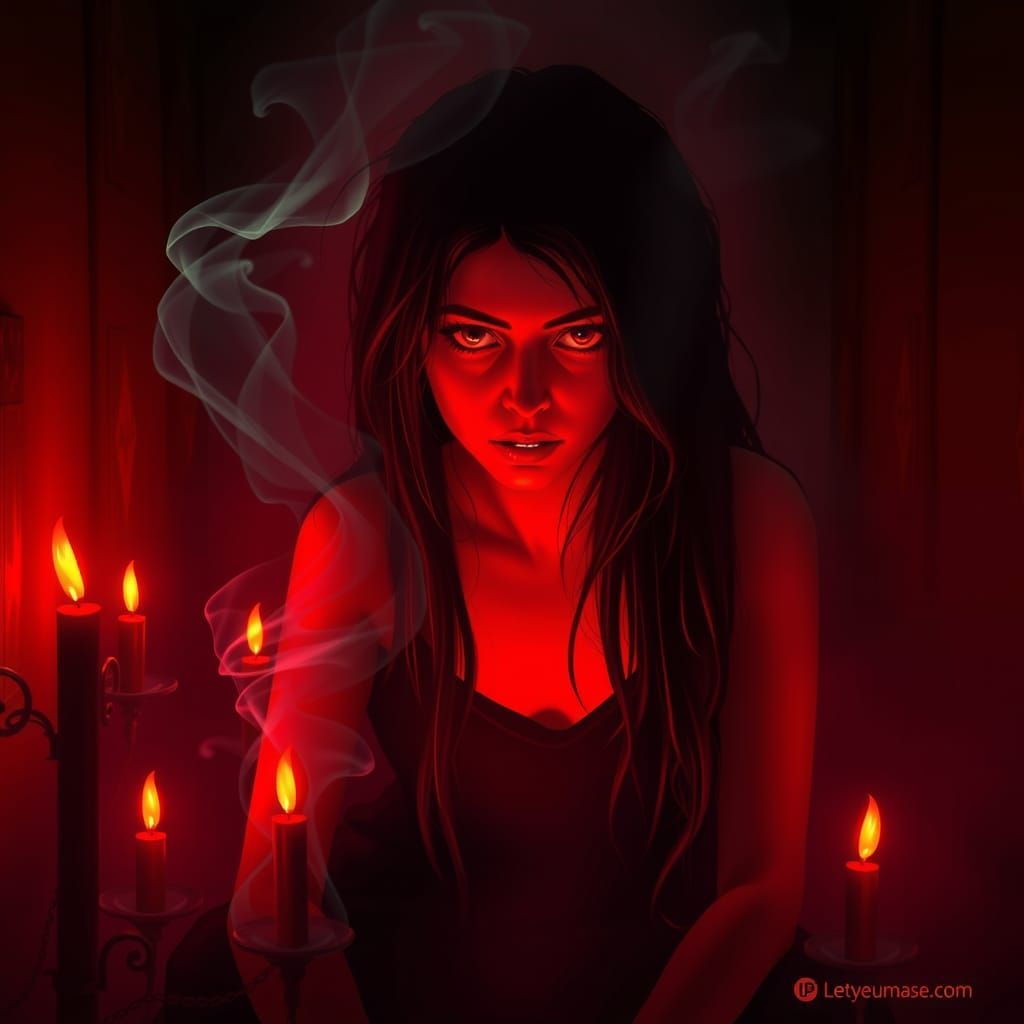 Crimson Chamber: Raven-Haired Girl in Ethereal Mist