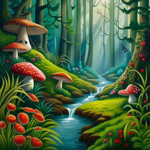 Enchanted Forest with Magic Feeling as Gouache Painting