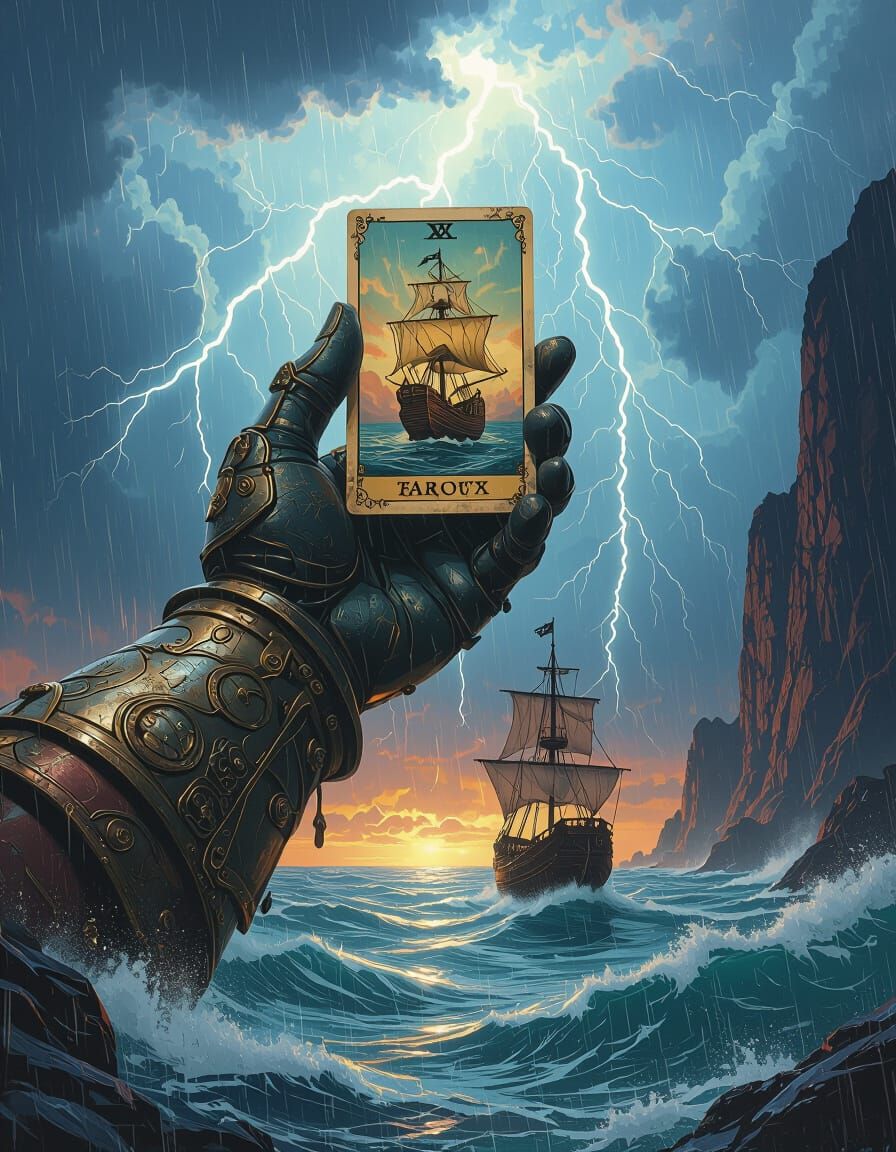 Armored Hand Holds Pirate Ship Tarot Card
