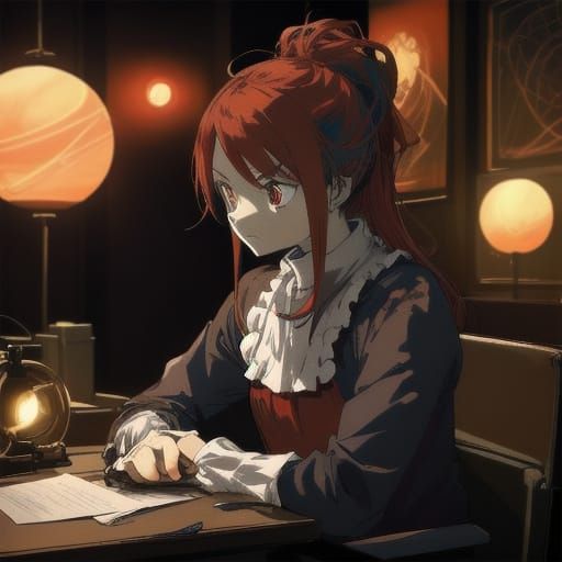Determined Anime Heroine Sits Behind a Desk