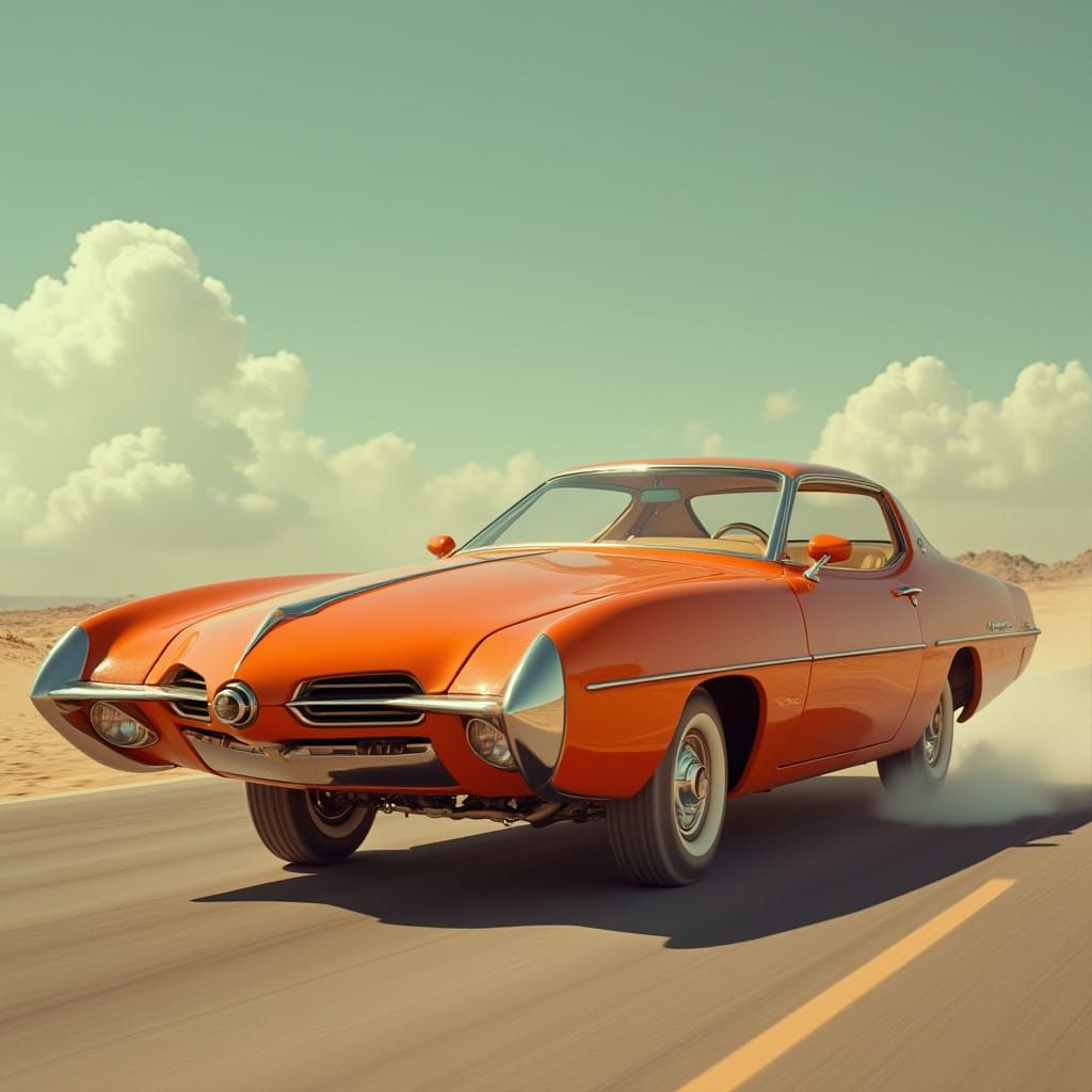 Retro Futuristic Car Soars Over Orange Googie City