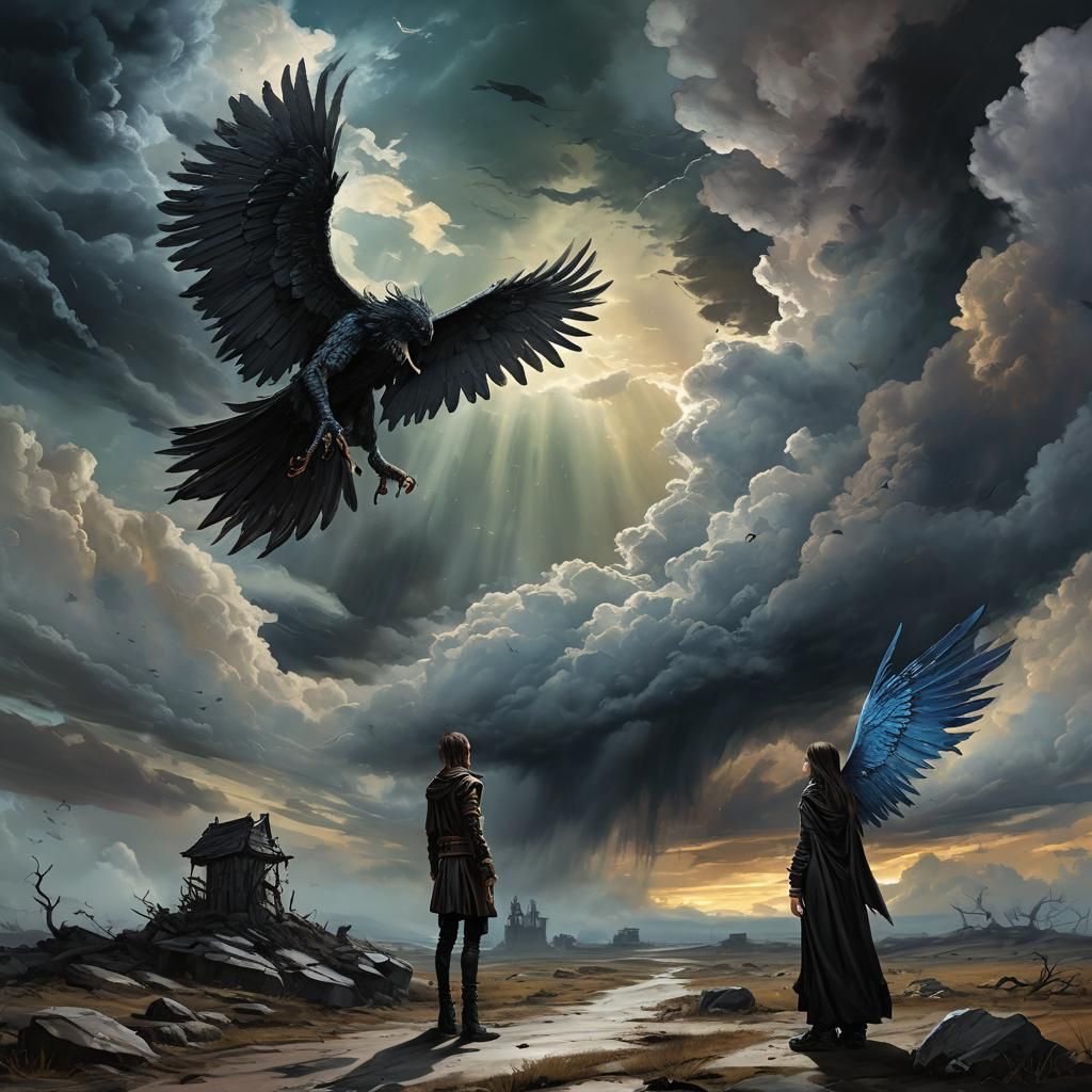 Gothic Almsgiving with Angel Shadow in Gouache Style