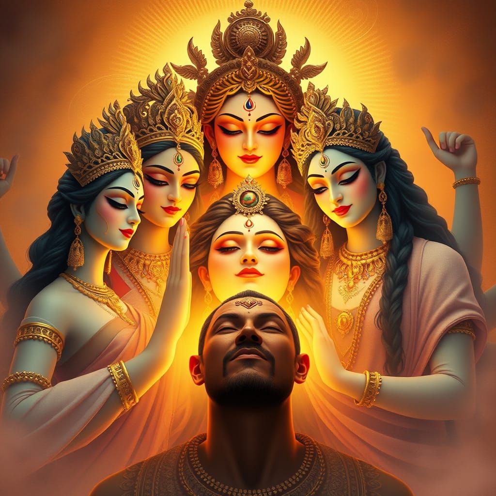 Divine Goddesses Bless a Devoted Man in Majestic, High-Fanta...