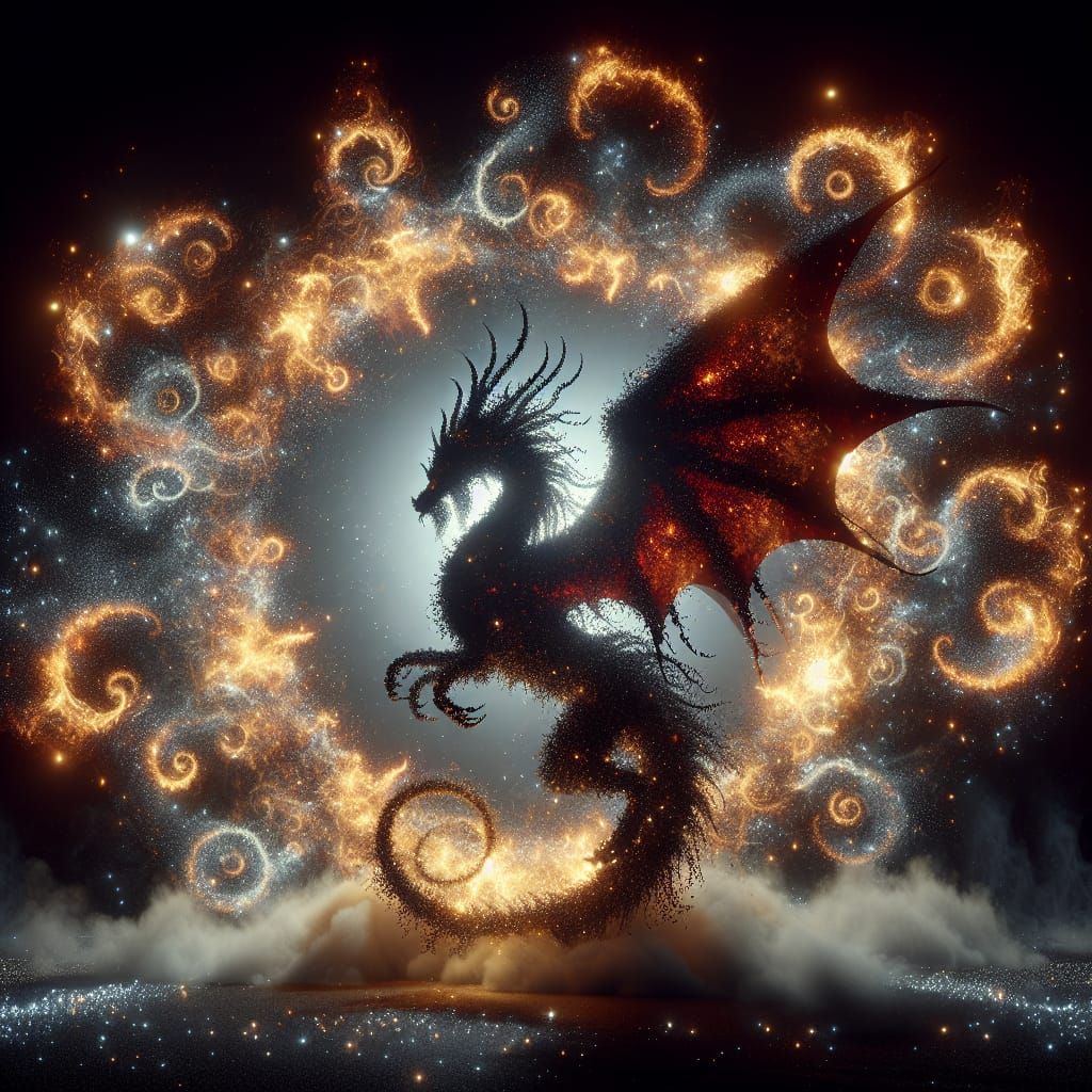 Fiery Dragon Silhouette with Starry Details